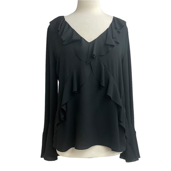 Bailey 44 Georgette V-neck black ruffled top with bell sleeves large - Picture 1 of 11